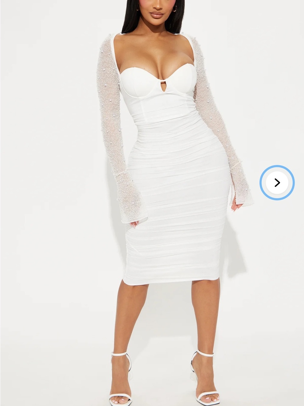 Fashion Nova White Sheer-Sleeve Sweetheart beaded midi dress. NWT